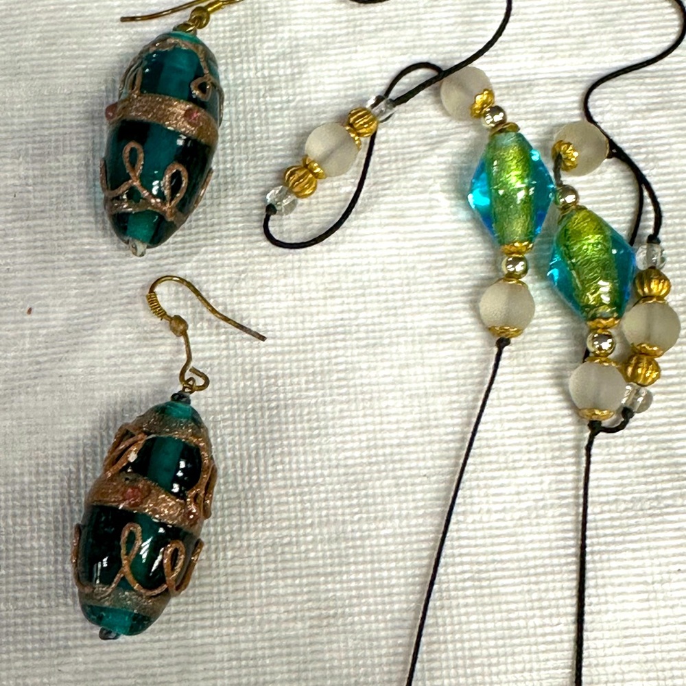 Murano glass earrings and necklace 23 “ long beautiful turquoise blue green